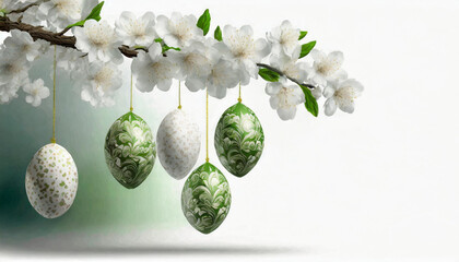 Wielkanocne, białe tło z ozdobnymi zielonymi i białymi pisankami zawieszonymi na gałązce pokrytej białymi kwiatami - obrazy, fototapety, plakaty