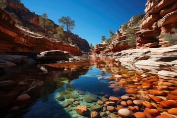Canyon with pools reflecting clear sky., generative IA