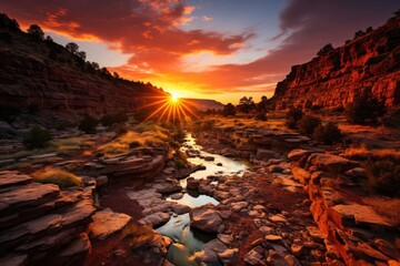 Vibrant sunset over a stunning canyon., generative IA