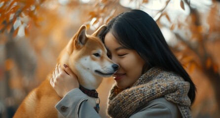 Young Asian woman embracing Shiba Inu. Female with her loyal dog among fall leaves. Heartwarming friendship - girl with beloved pet. Companionship in nature and cerene moments concept.