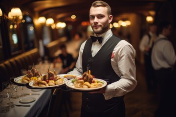 Waiter carrying plates with amazing meat dish. Catering service concept - obrazy, fototapety, plakaty