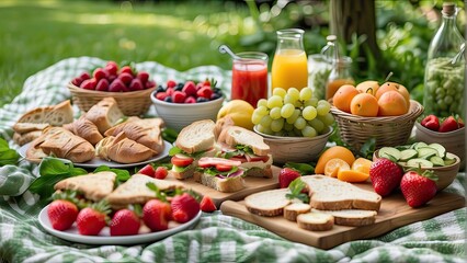 a delightful picnic spread set amidst a lush green garden. Feature an array of fresh foods such as sandwiches, fruits, salads, and beverages