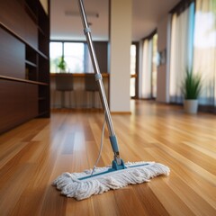 Cleaning wooden floor with mop. Household chores concept.