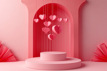 Valentines day podium with hanging paper hearts on a pink background