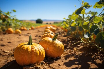 Field with huge pumpkins ready to harvest., generative IA