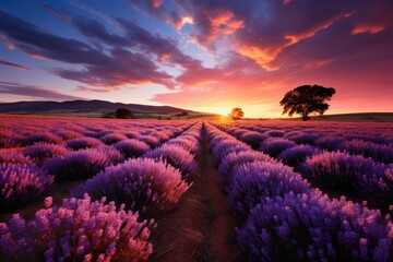 Lavender field in flower under blue sky., generative IA