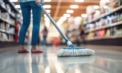 Close up photo of cleaner woman cleaning  floor with a wet mop in the store - obrazy, fototapety, plakaty