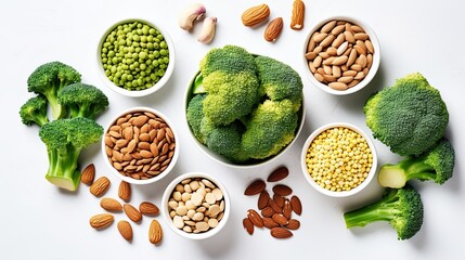 Vegan protein source - beans, lentils, nuts, broccoli, spinach and seeds with nuts, healthy vegetarian food