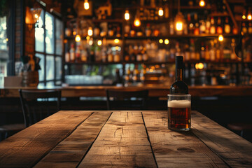 Serene Tavern Atmosphere: Soft-Focused Wood Counter