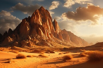 Naklejka premium Steep mountains emerging from the sandy desert., generative IA