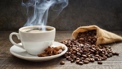 warm steaming coffee and coffee beans