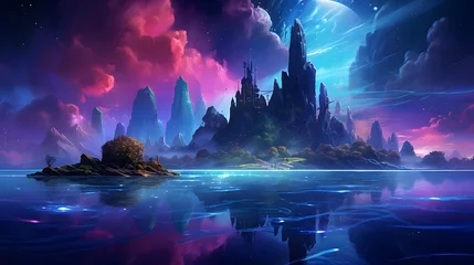 Fototapeten Enchanted floating islands bathed in a neon aurora with creatures riding luminescent waves, casting vibrant reflections on the dreamy water © Graphica Galore