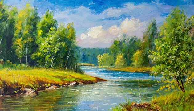 oil painting landscape river in the forest summer day