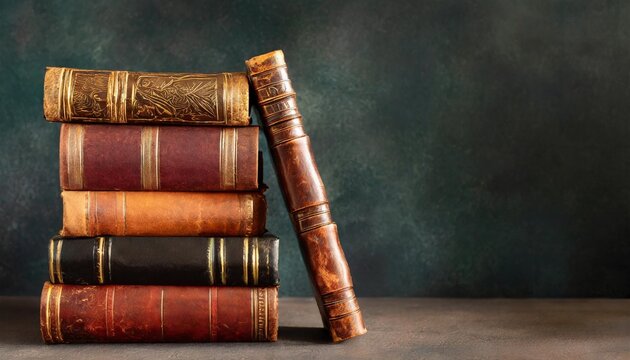 literature reading concept banner or header image with stack of antique leather bound books against a dark background