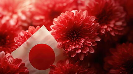 Japanese flag and symbol of Japan chrysanthemums, red circle, white, country, national, traditional, flowers, culture, oriental art, East, nature, blossom, illustration