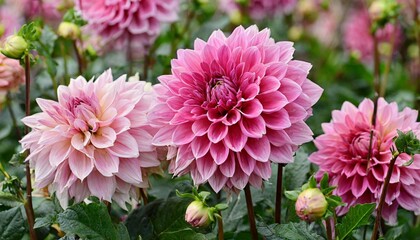 group pink dahlias in a flower bed a considerable quantity of flowers dahlias with petals in various tones of pink color - obrazy, fototapety, plakaty