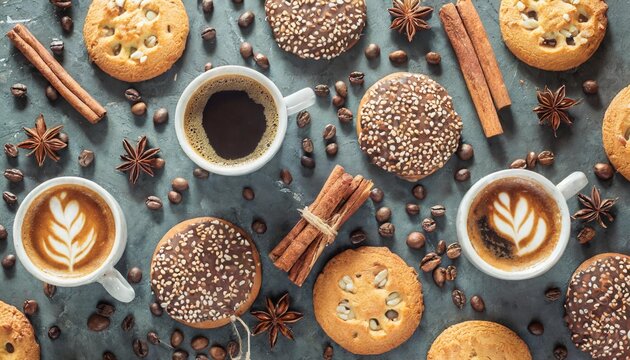 morning coffee pattern with various cookies