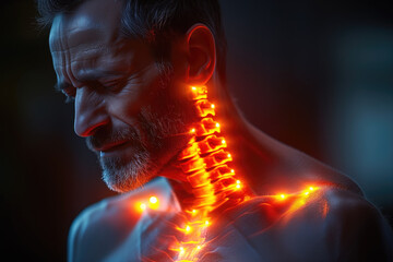 Hernia of the cervical spine, cervicalgia and neck pain, man suffering from backache, spondylosis of the intervertebral disc, health problems concept - 734209112