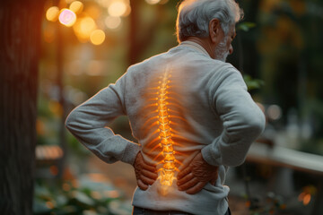 Lumbar intervertebral spine hernia, old man with back pain outdoors, spinal disc disease, health problems concept - obrazy, fototapety, plakaty
