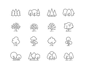 Trees and Woodland Icon collection containing 16 editable stroke icons. Perfect for logos, stats and infographics. Edit the thickness of the line in Adobe Illustrator (or any vector capable app).