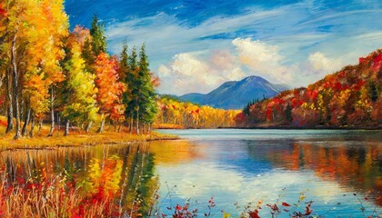 oil painting colorful autumn forest and lake