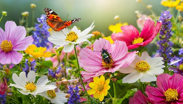 colorful garden flowers with insects transparency background