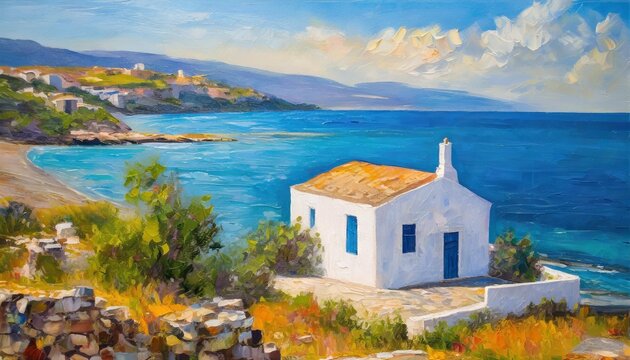 oil painting on canvas house near the sea summer canvas greek