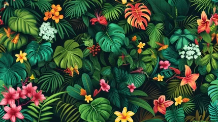 Selbstklebende Fototapeten  a bunch of tropical plants and flowers with green leaves and red, yellow, pink, orange, and white flowers on a black background of green, red, orange, yellow, pink, and white. © Olga