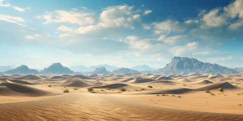 Fototapeta na wymiar Desert sandy landscape with cactuses, mountains and blue sky 