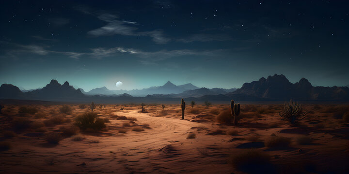 Sandy desert landscape at night with dark blue sky