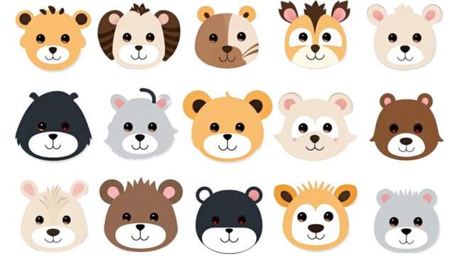 Isolated animal Faces, cat dog elephant, capibara, mouse, giraffe