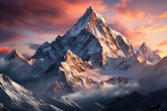 Snowy mountains gleaming at dawn., generative IA