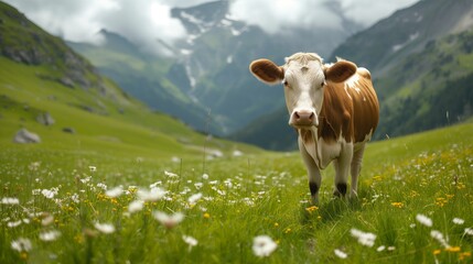 Cow in a meadow in the Alpine mountains. Milk production.