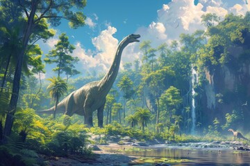Prehistoric scene with a majestic sauropod dinosaur towering among the lush ferns and towering trees, beside a tranquil river with a cascading waterfall in the background