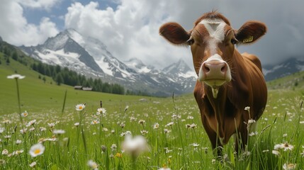 Cow in a meadow in the Alpine mountains. Milk production.