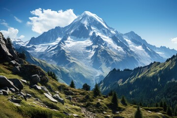 Fototapeta premium Majestic peak emerges between clouds at the top of the mountain., generative IA