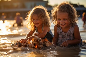 Happy children playing on the beach, building sand castles., generative IA - obrazy, fototapety, plakaty