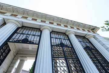 View of facade of the world famous landmark, La Recoleta Cemetery, with historic monumental graves...