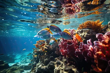 Fototapeten Divers exploring coral reefs by the coast., generative IA © JONATAS