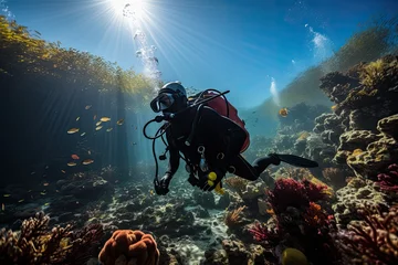 Gordijnen Divers exploring coral reefs by the coast., generative IA © JONATAS