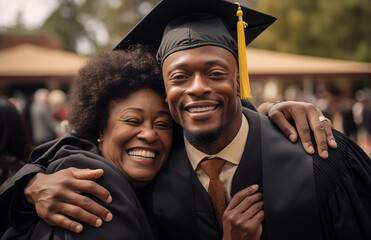 African American man graduating hugged by mom
 