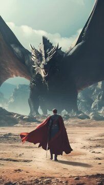 Superhero walking toward the camera with a huge dragon behind him in an empty land. holding a sword.