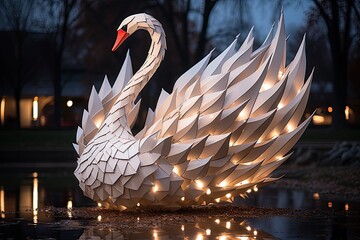 Swan sculpture in the park cosmic poetry., generative IA