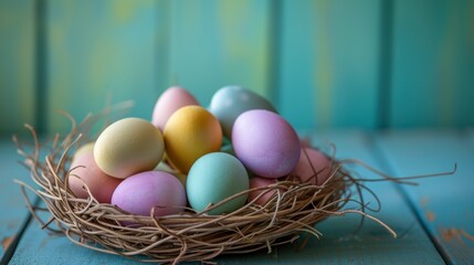  a basket filled with eggs sitting on top of a blue wooden table next to a green wooden wall and a blue wooden wall behind the basket is a row of eggs.