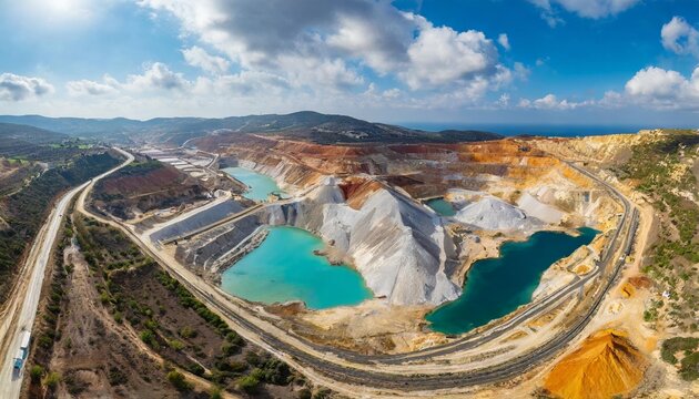 aerial panorama of skouriotissa copper mine in cyprus with ore piles and multicolored pools