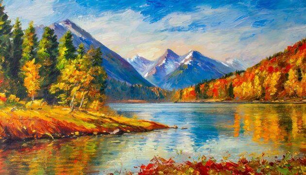 oil painting landscape colorful autumn forest mountain lake impressionism