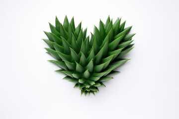 Green pineapple leaves in heart shape on white background with copy space. Valentine's day, Mother's day, Women's Day, Wedding, love concept