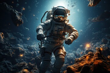 Astronaut floats in space with the earth in the background., generative IA - obrazy, fototapety, plakaty