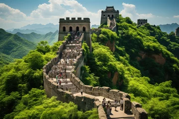 Rolgordijnen zonder boren Chinese Muur Tourists explore China's great wall under the sun., generative IA