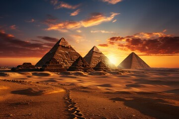 Giza pyramids at sunset in the desert., generative IA